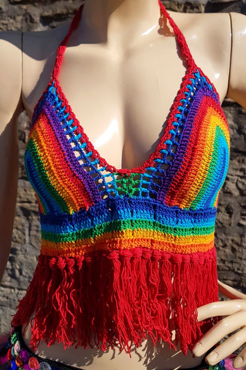 Festival Summer Red Rainbow Crochet Top